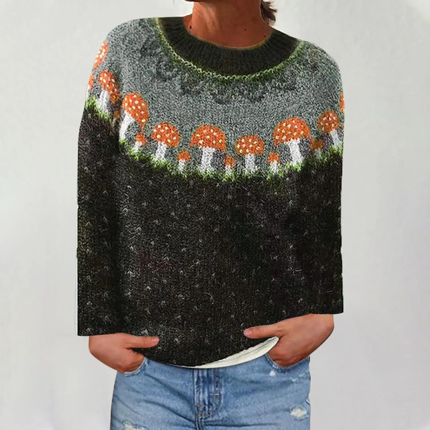 Fair Isle Mushroom Print Sweater for Women Crew Neck Long Sleeve Casual Pullover Tops Trendy Vintage Jumper Tops