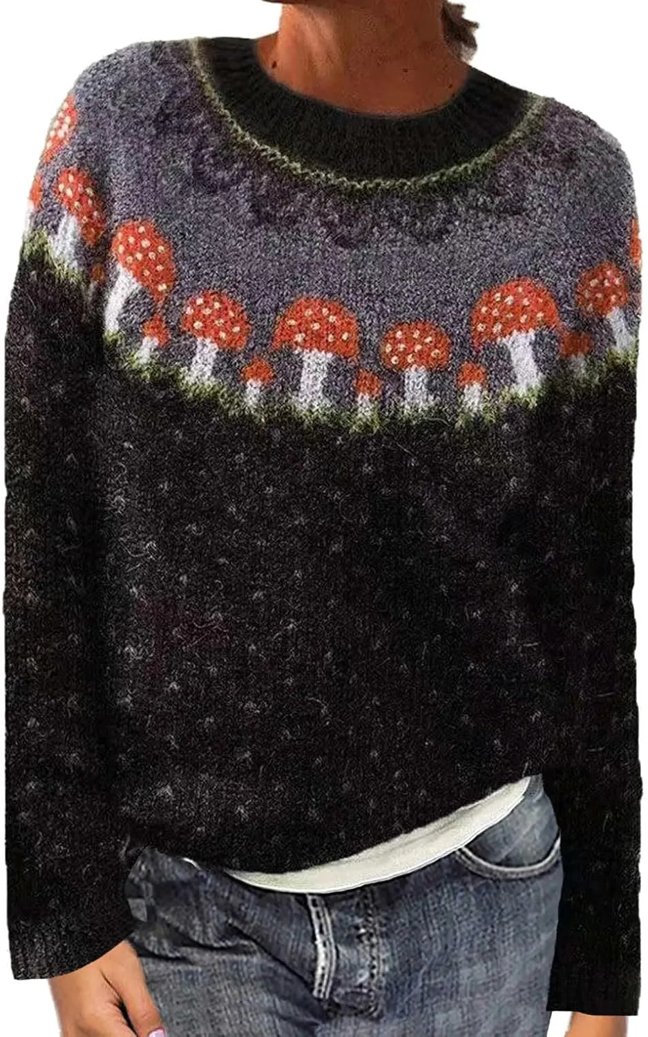 Fair Isle Mushroom Print Sweater for Women Crew Neck Long Sleeve Casual Pullover Tops Trendy Vintage Jumper Tops