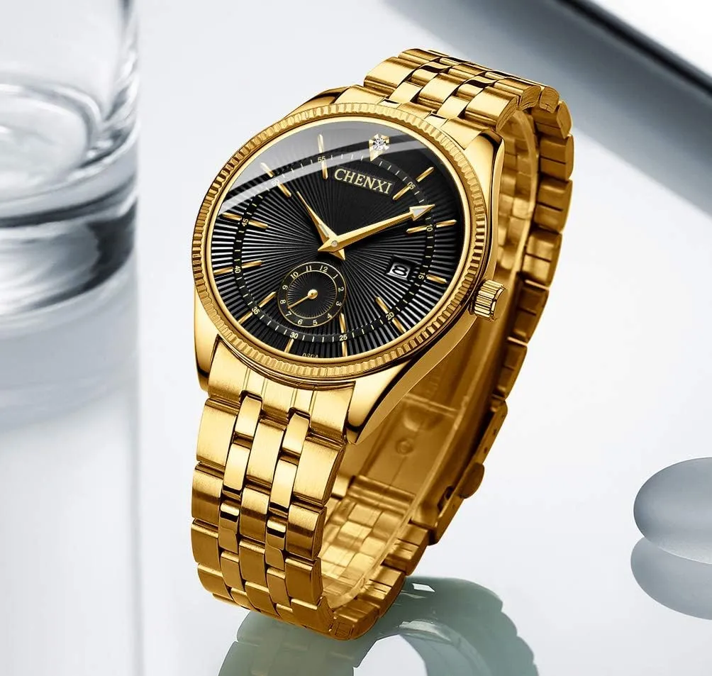 FANMIS Men's Luxury Analog Quartz Gold Wrist Watches Business Stainless Steel Band Dress Wrist Watch Classic Calendar Date Window 3ATM Water Resistant