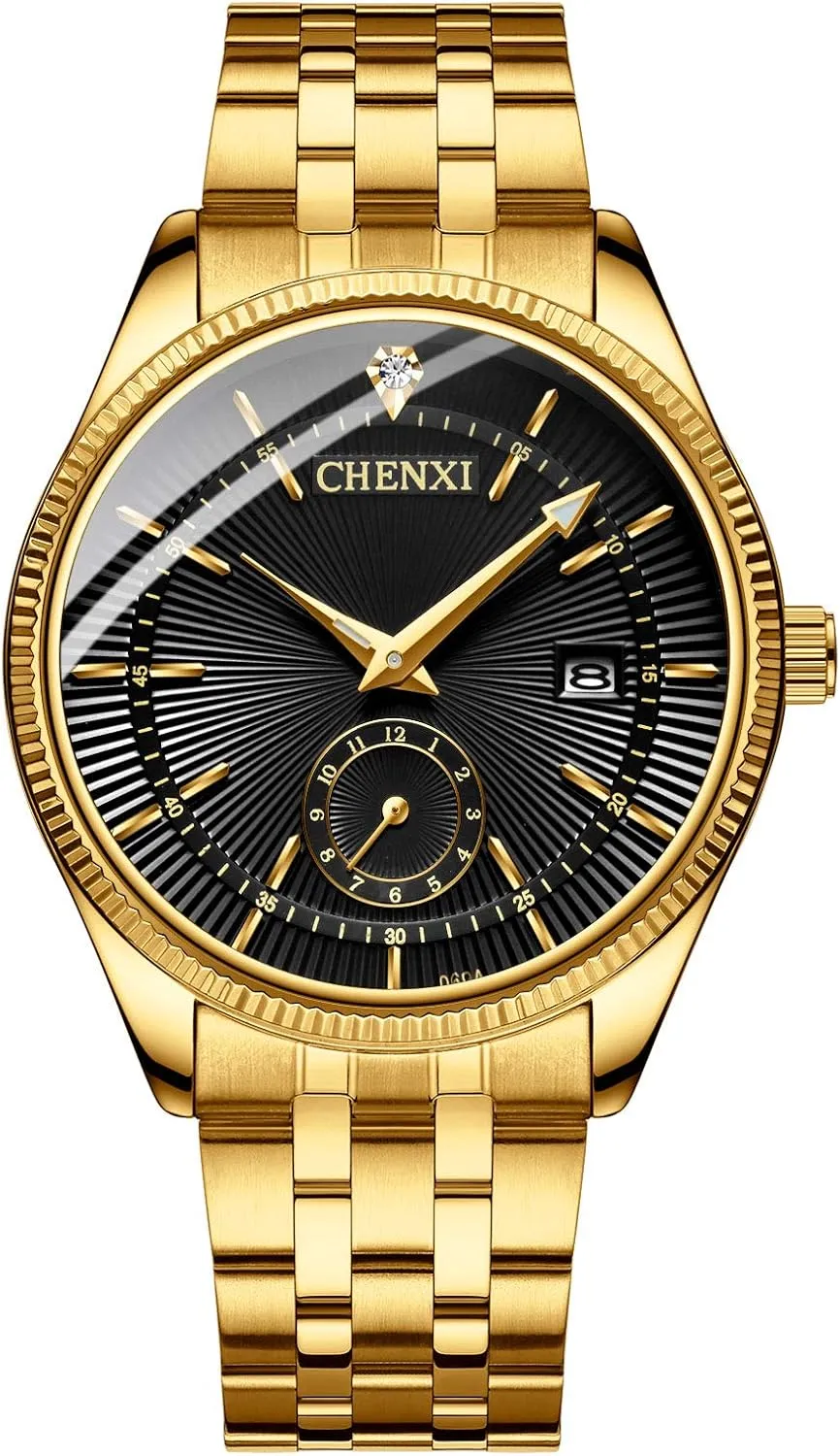 FANMIS Men's Luxury Analog Quartz Gold Wrist Watches Business Stainless Steel Band Dress Wrist Watch Classic Calendar Date Window 3ATM Water Resistant