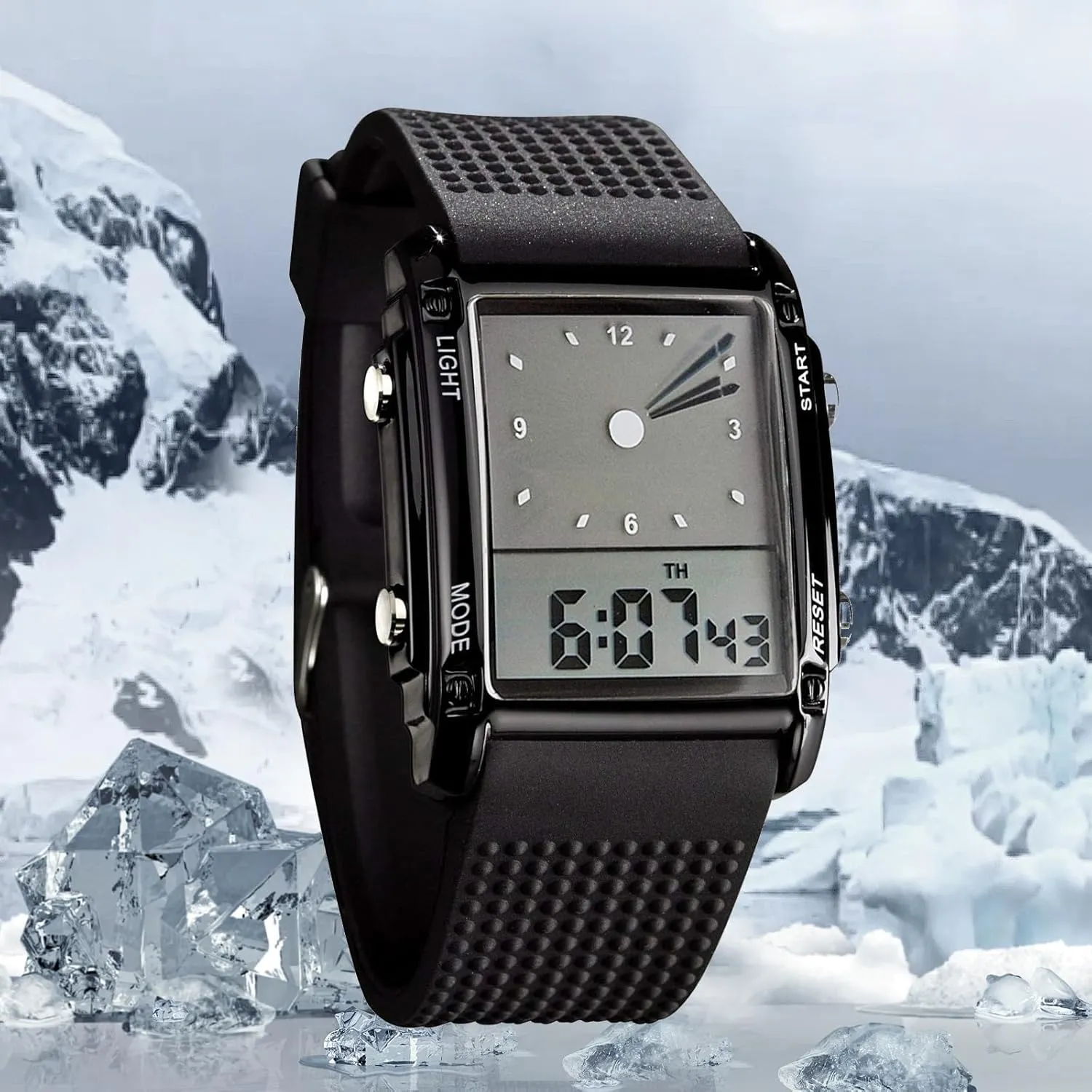 FANMIS Men's Rectangle Dial Sports Wrist Watches with 7 Colors Optional LED Backlight Multifunctional Alarm Stopwatch 12/24H Rubber Strap Watch