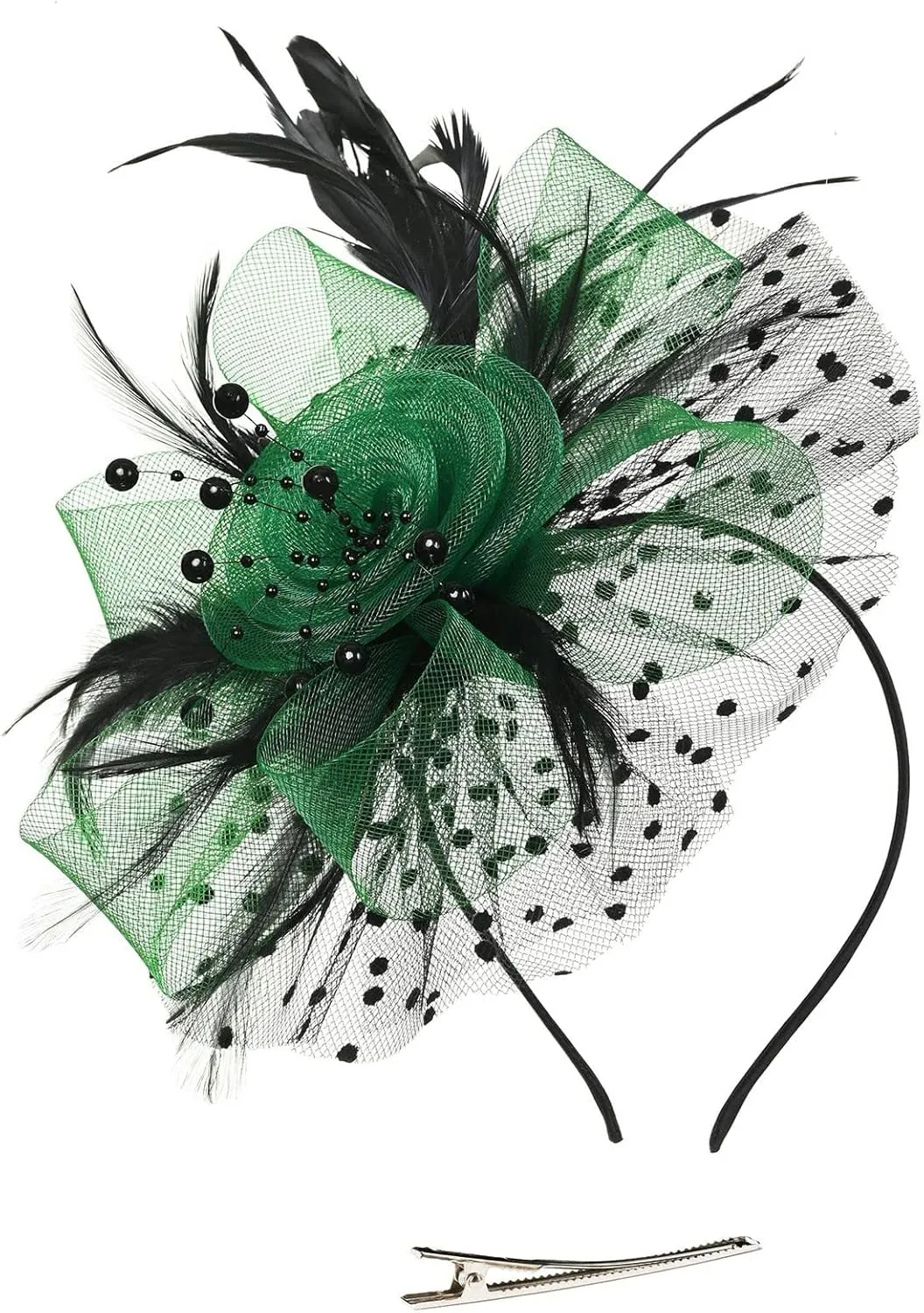 Fascinators Headband Tea Party Hats for Womens Polka Dots Feather Flower Mesh Headwear Hair Clip for Ladies Wedding