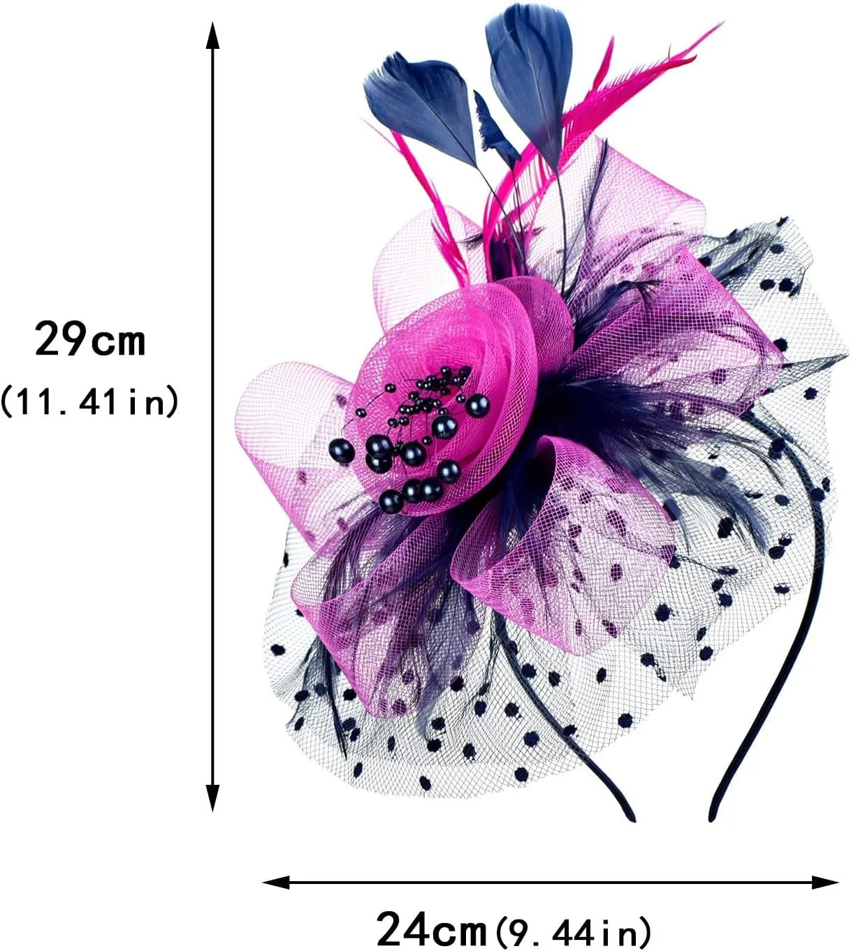 Fascinators Headband Tea Party Hats for Womens Polka Dots Feather Flower Mesh Headwear Hair Clip for Ladies Wedding