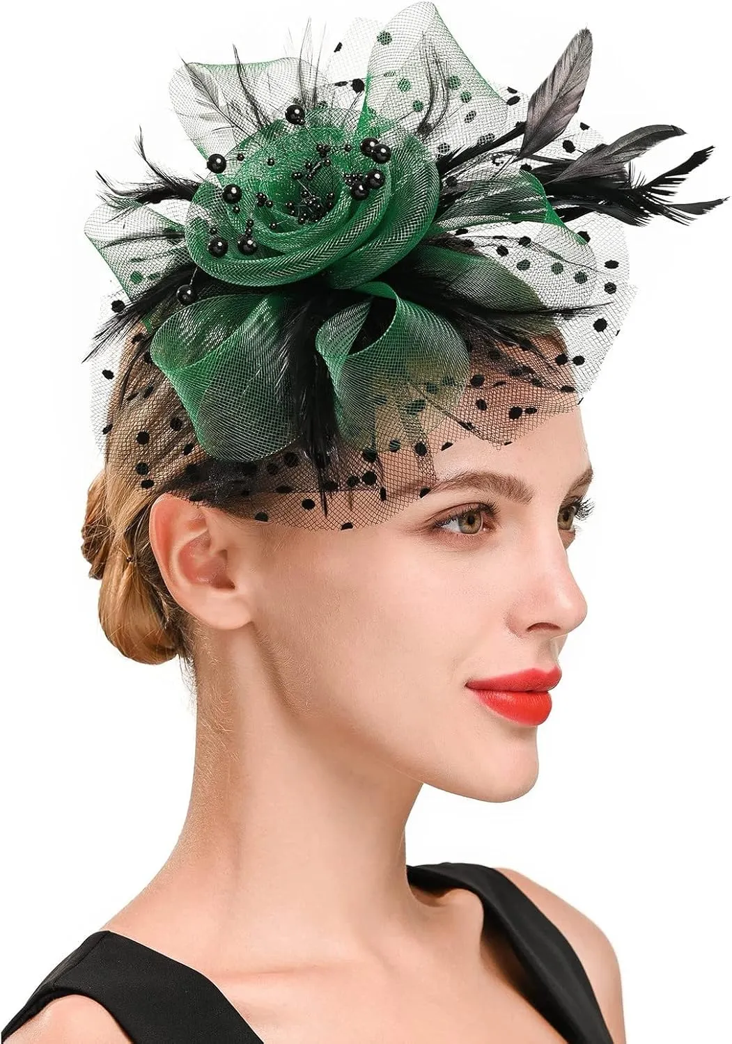 Fascinators Headband Tea Party Hats for Womens Polka Dots Feather Flower Mesh Headwear Hair Clip for Ladies Wedding