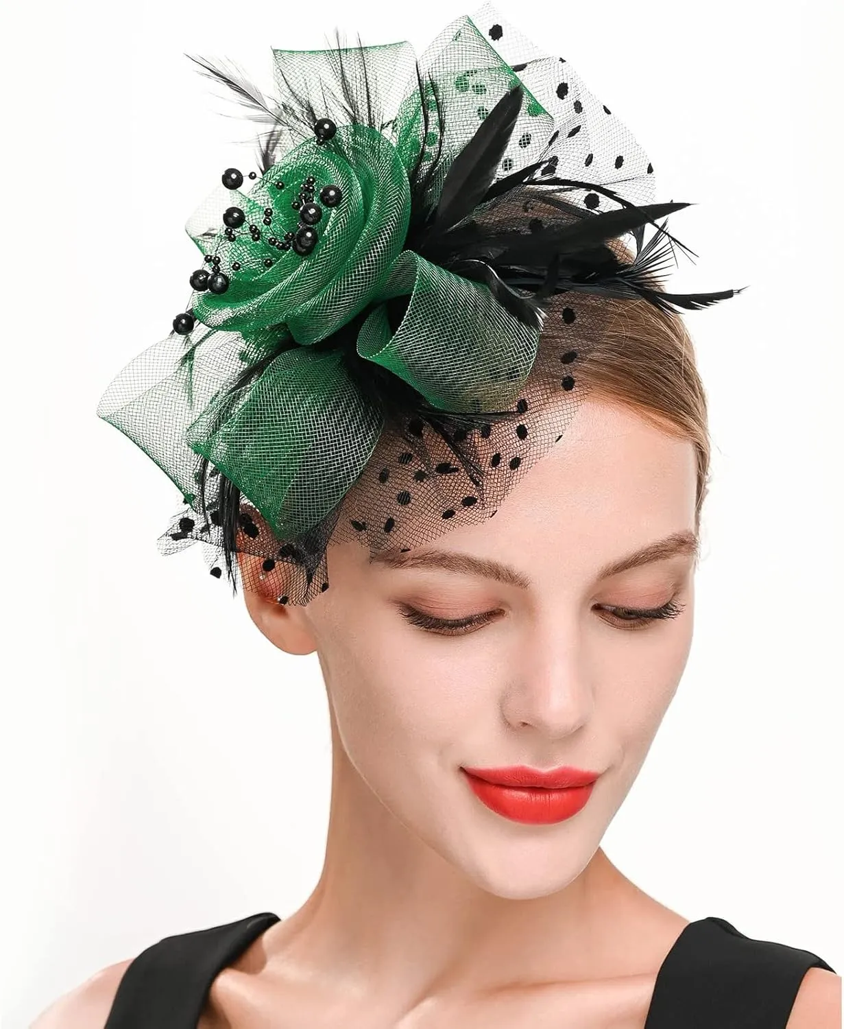 Fascinators Headband Tea Party Hats for Womens Polka Dots Feather Flower Mesh Headwear Hair Clip for Ladies Wedding