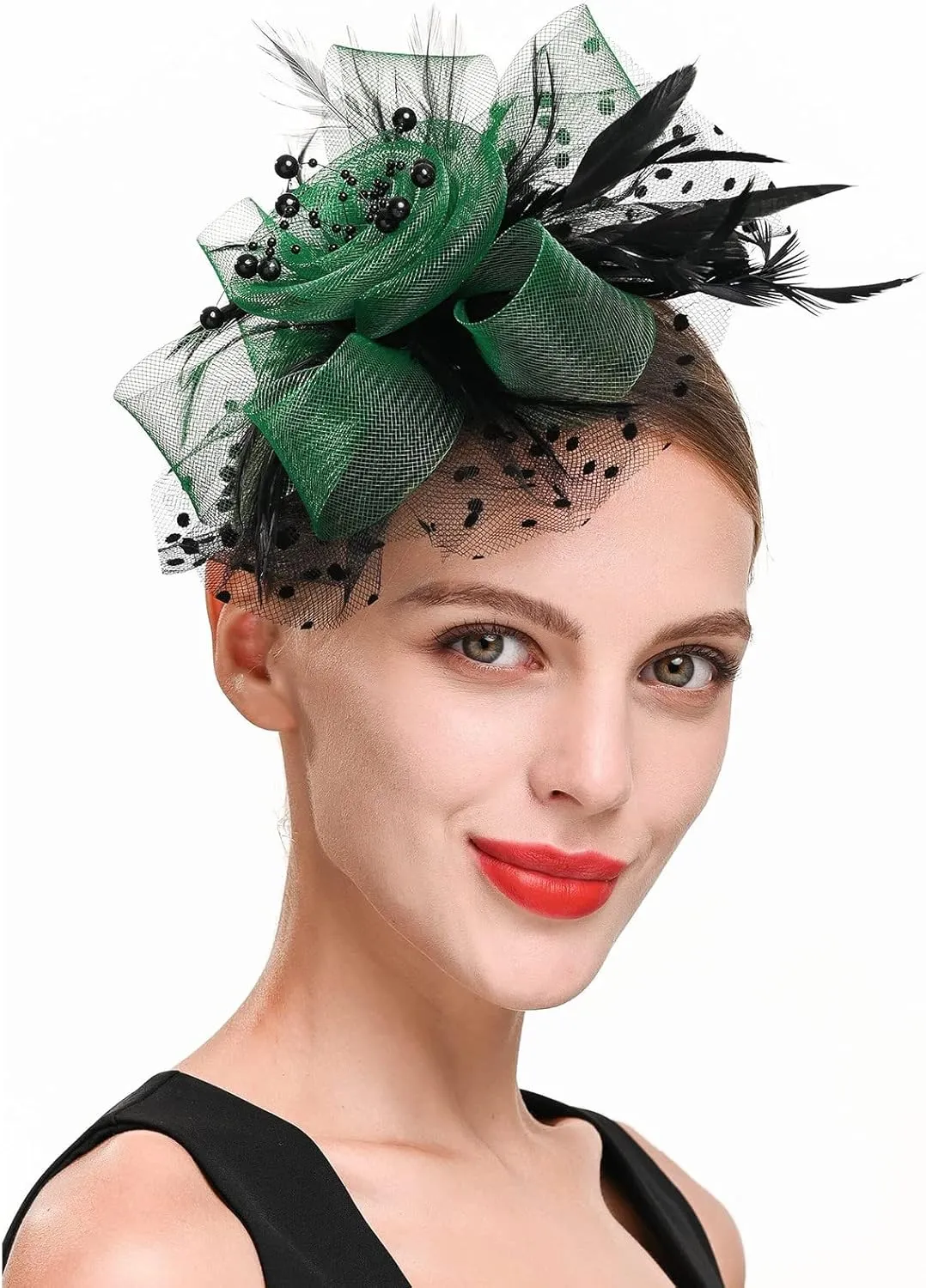 Fascinators Headband Tea Party Hats for Womens Polka Dots Feather Flower Mesh Headwear Hair Clip for Ladies Wedding