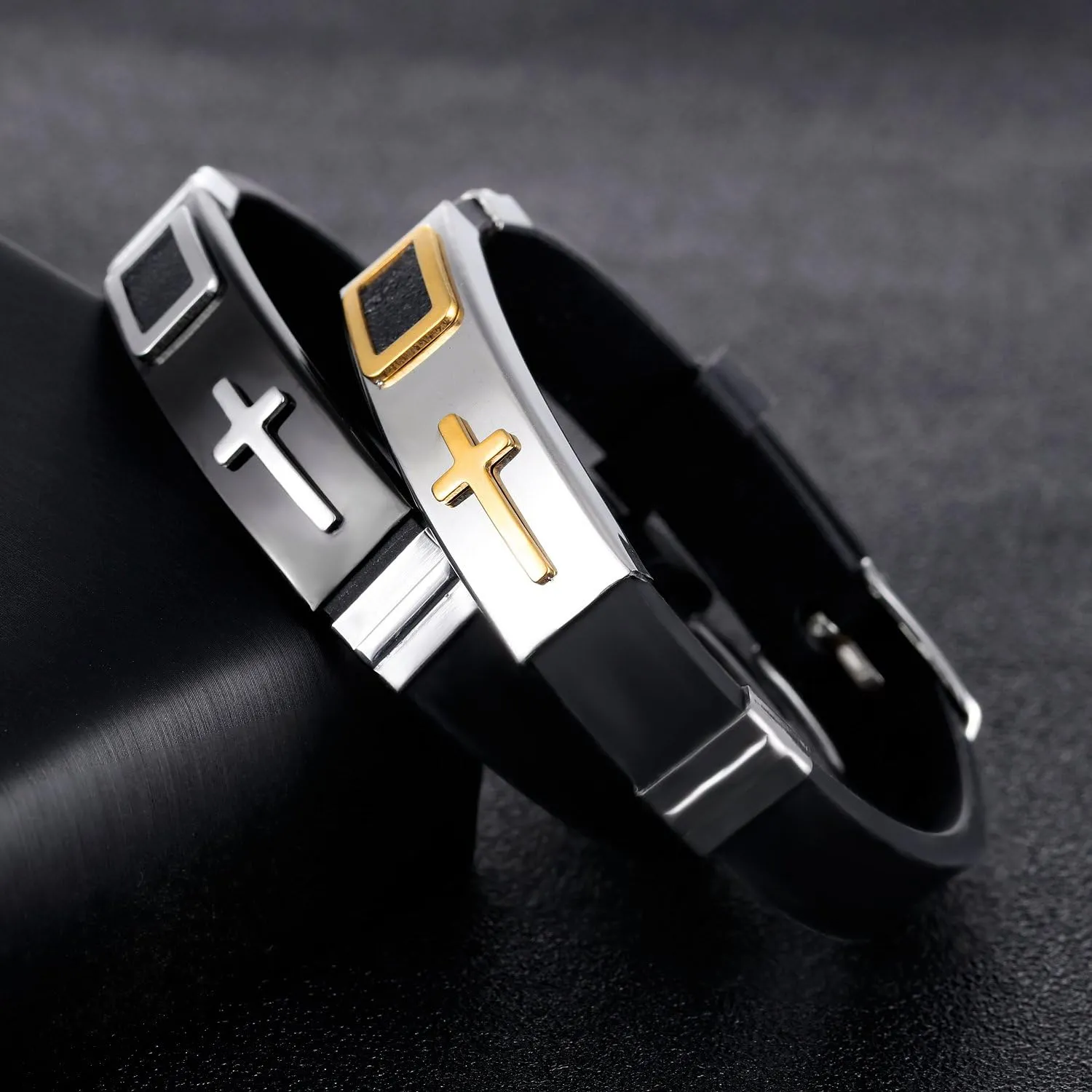 Fashion Men Bracelet Religious Jewelry Stainless Steel Cross Bracelet Adjustable Sporty Silicone Wristband