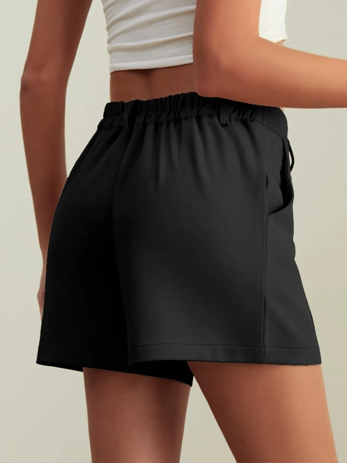Feiersi Womens Casual High Waisted Elastic Waist Wide Leg Tailored Shorts Pleated Trendy Dressy Work Trouser Shorts