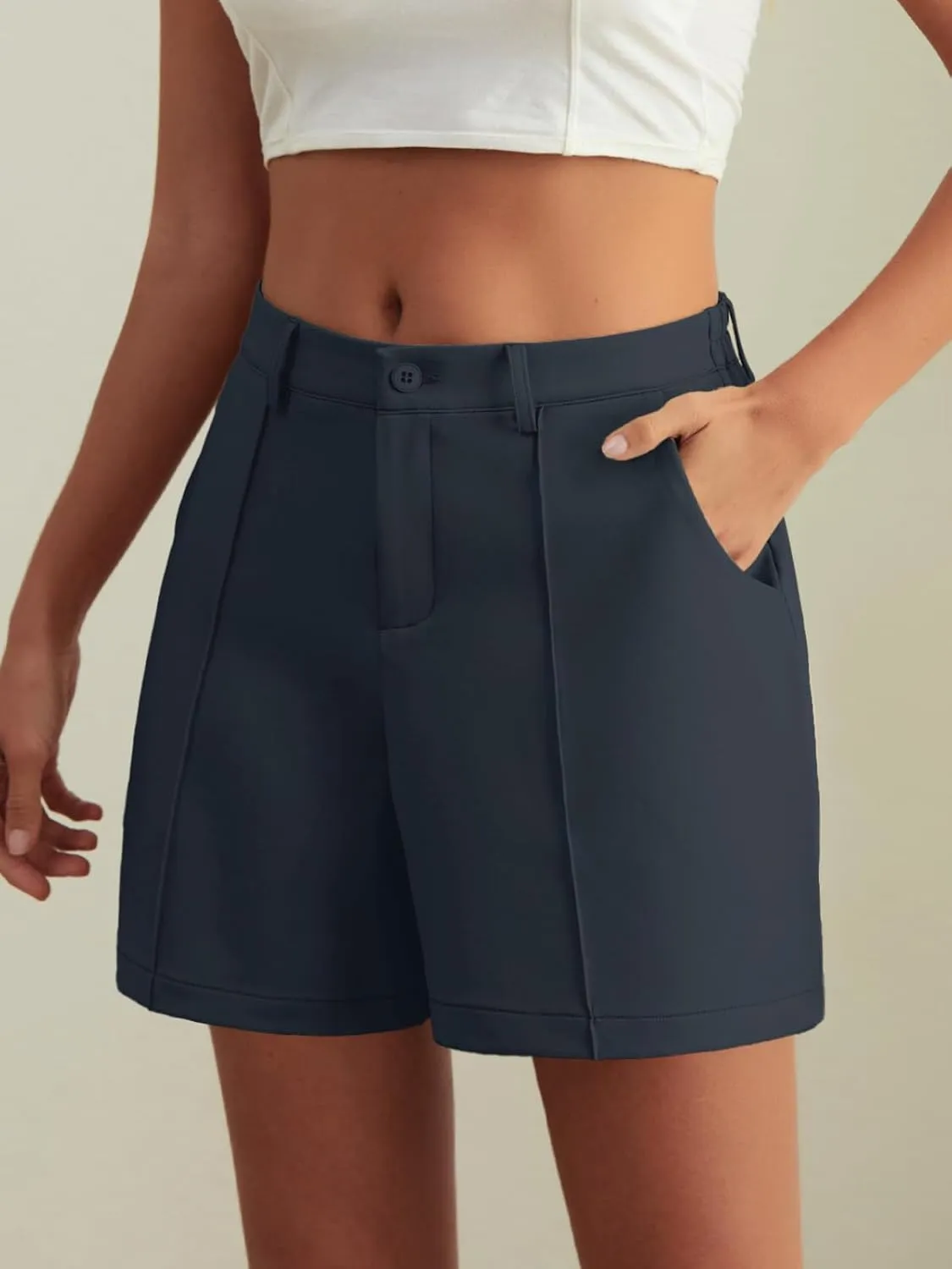 Feiersi Womens Casual High Waisted Elastic Waist Wide Leg Tailored Shorts Pleated Trendy Dressy Work Trouser Shorts