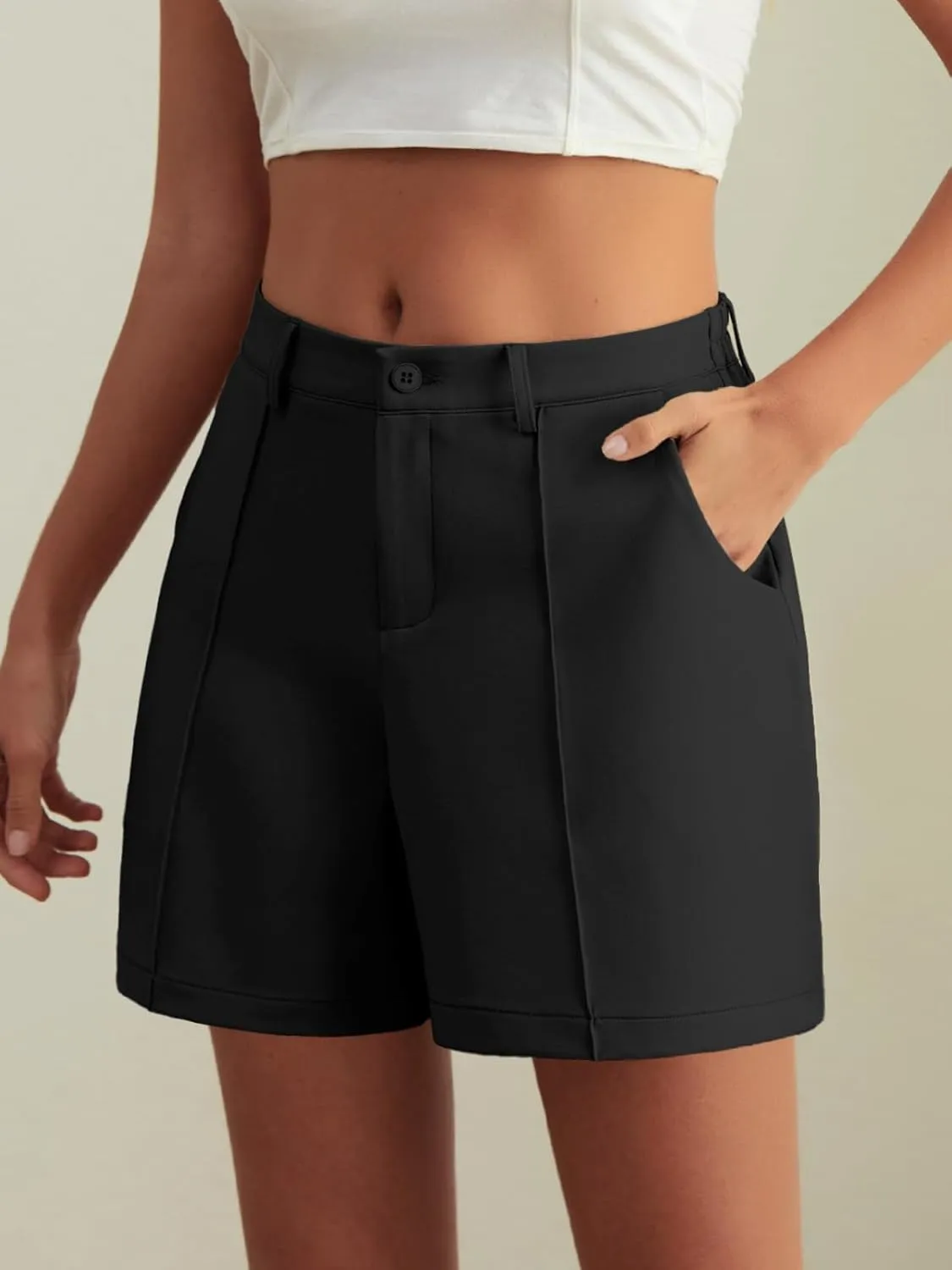 Feiersi Womens Casual High Waisted Elastic Waist Wide Leg Tailored Shorts Pleated Trendy Dressy Work Trouser Shorts