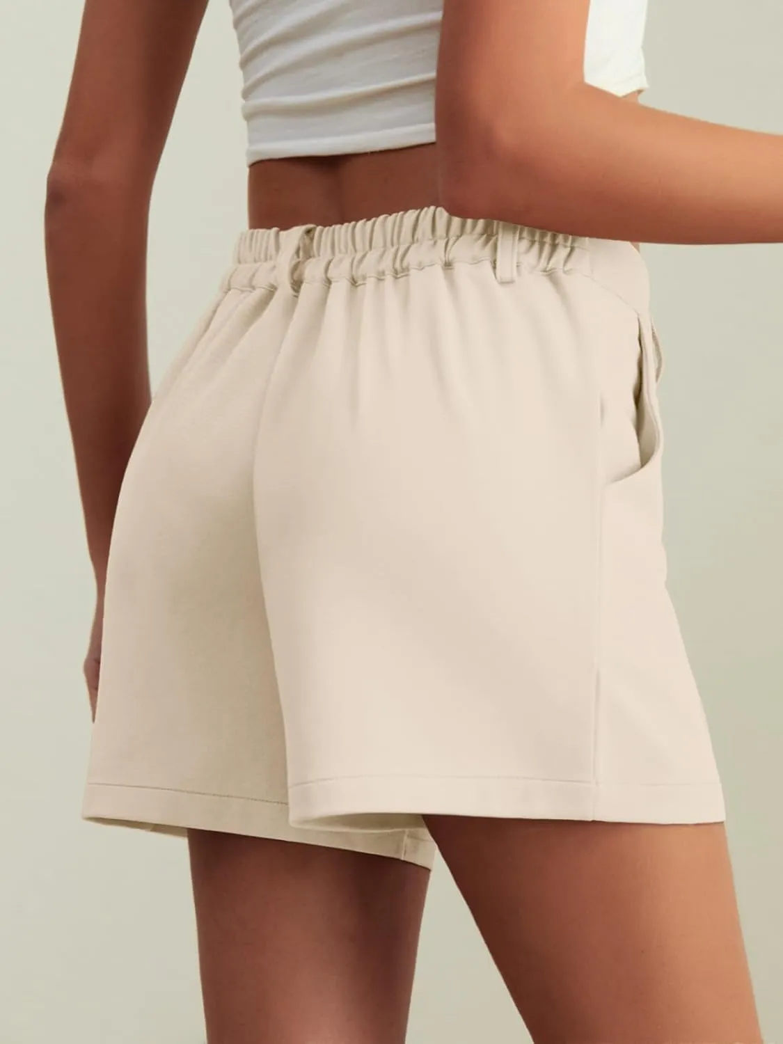 Feiersi Womens Casual High Waisted Elastic Waist Wide Leg Tailored Shorts Pleated Trendy Dressy Work Trouser Shorts