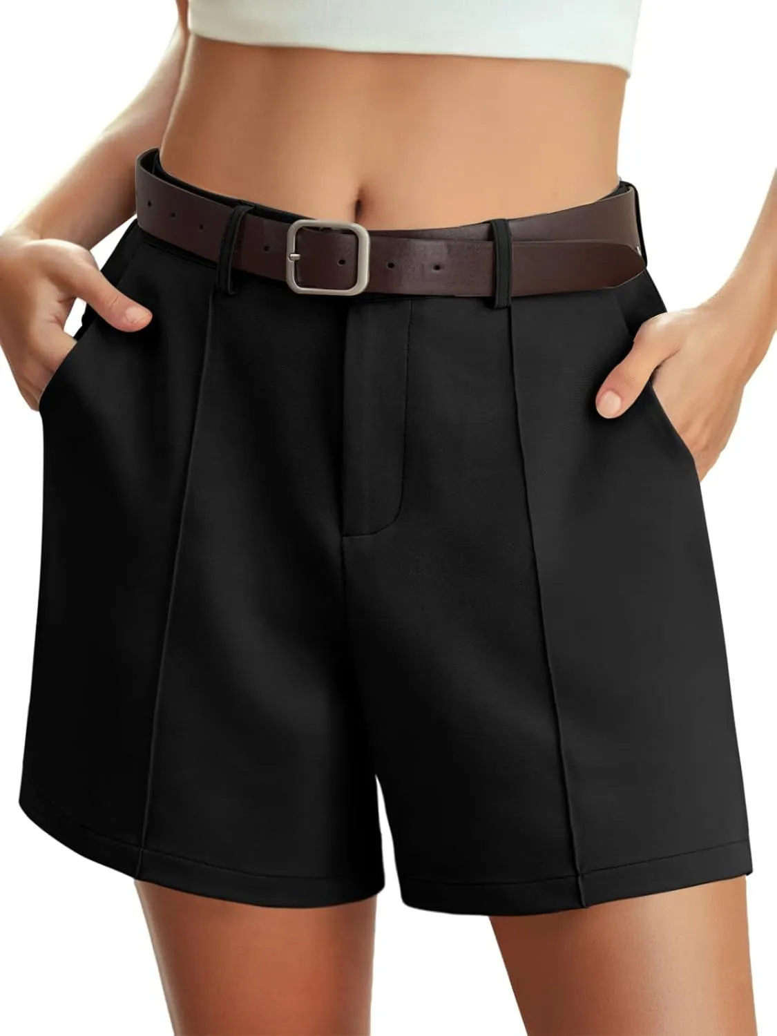 Feiersi Womens Casual High Waisted Elastic Waist Wide Leg Tailored Shorts Pleated Trendy Dressy Work Trouser Shorts