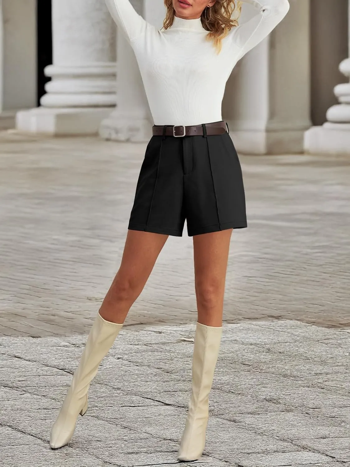 Feiersi Womens Casual High Waisted Elastic Waist Wide Leg Tailored Shorts Pleated Trendy Dressy Work Trouser Shorts