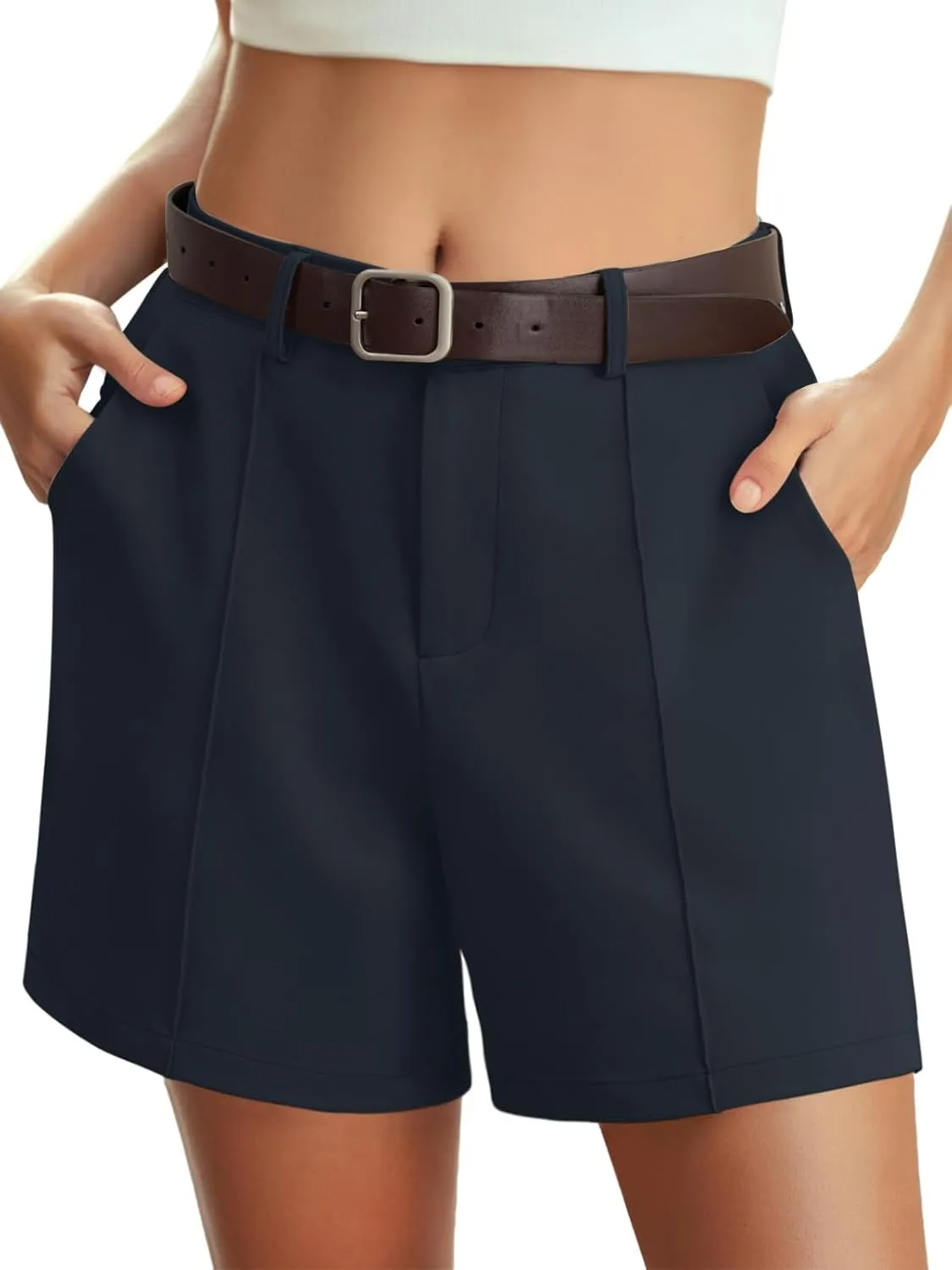 Feiersi Womens Casual High Waisted Elastic Waist Wide Leg Tailored Shorts Pleated Trendy Dressy Work Trouser Shorts
