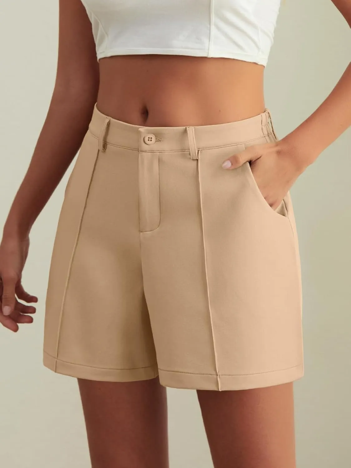 Feiersi Womens Casual High Waisted Elastic Waist Wide Leg Tailored Shorts Pleated Trendy Dressy Work Trouser Shorts