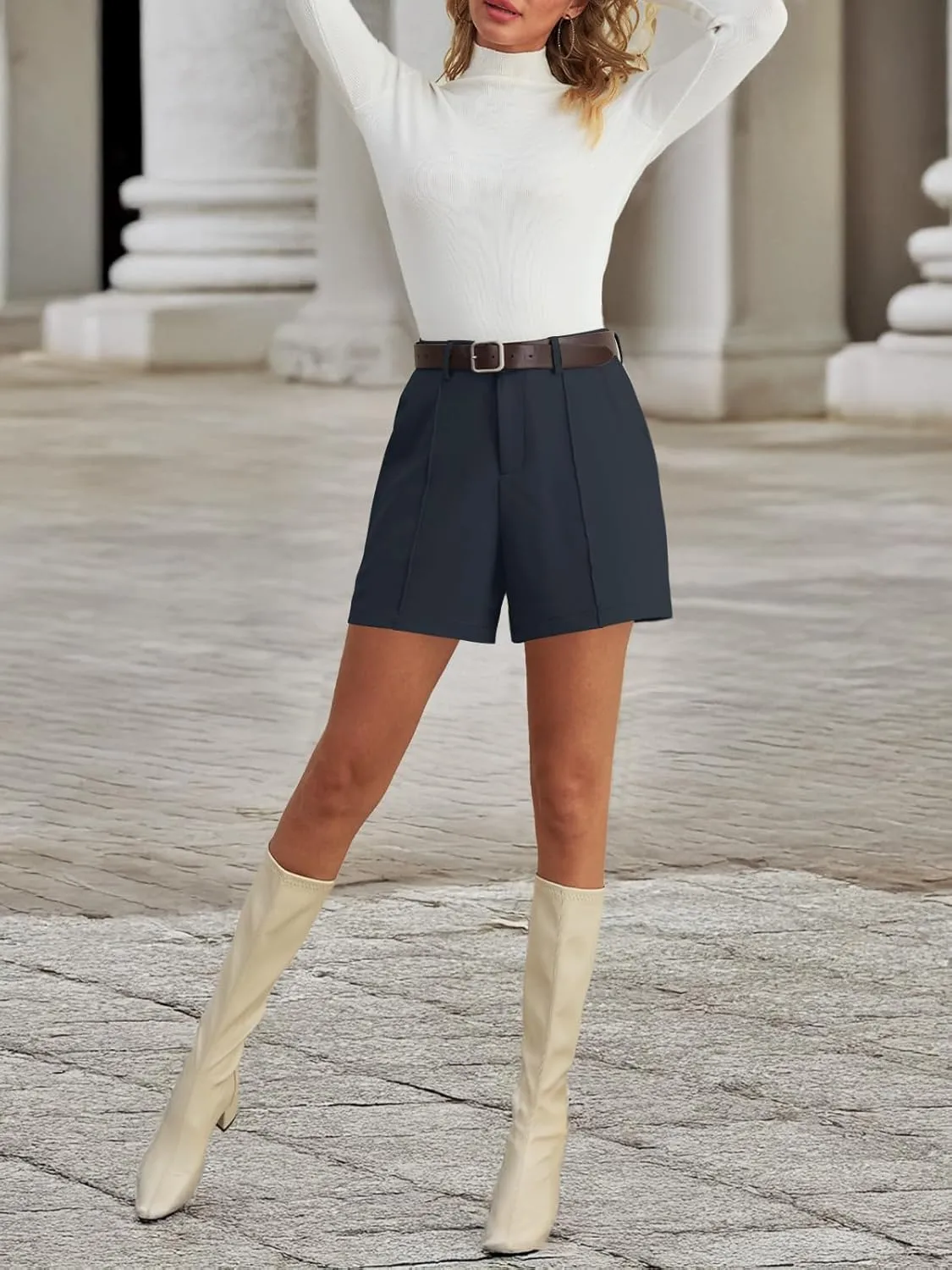 Feiersi Womens Casual High Waisted Elastic Waist Wide Leg Tailored Shorts Pleated Trendy Dressy Work Trouser Shorts