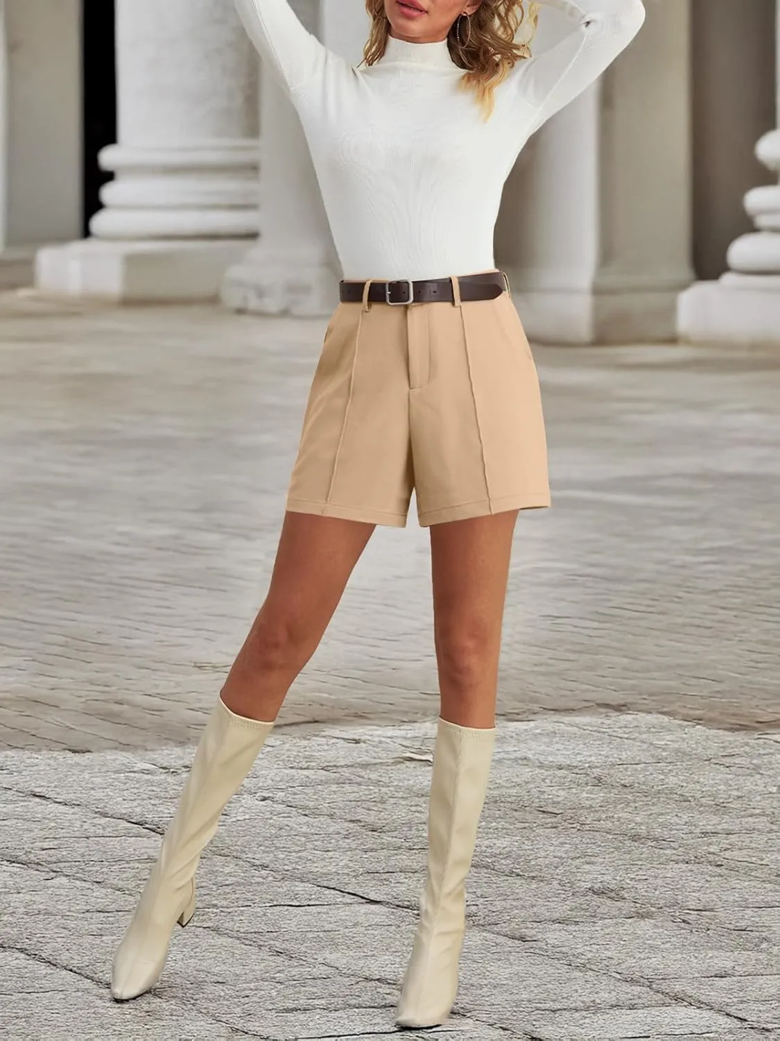 Feiersi Womens Casual High Waisted Elastic Waist Wide Leg Tailored Shorts Pleated Trendy Dressy Work Trouser Shorts