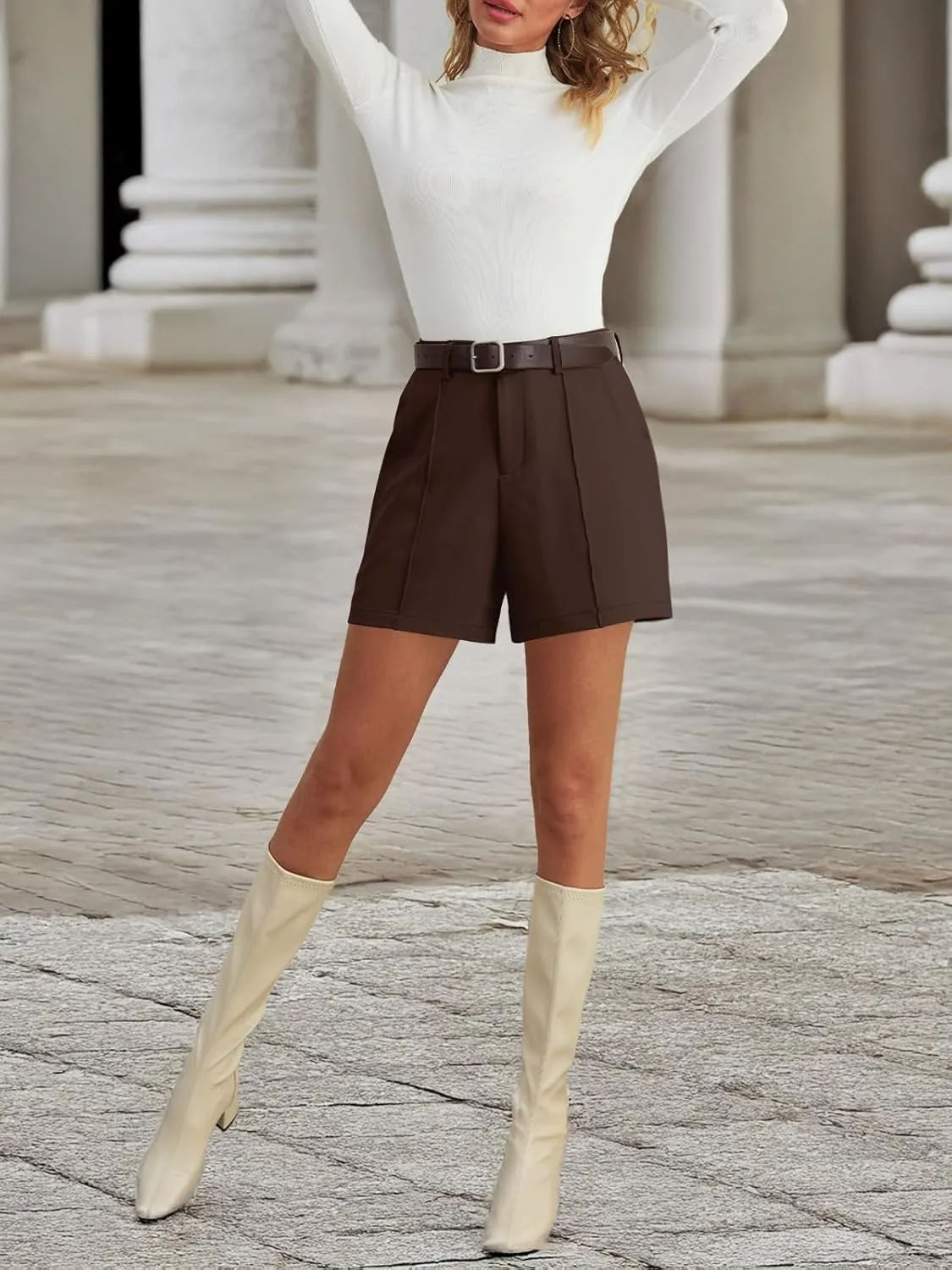 Feiersi Womens Casual High Waisted Elastic Waist Wide Leg Tailored Shorts Pleated Trendy Dressy Work Trouser Shorts