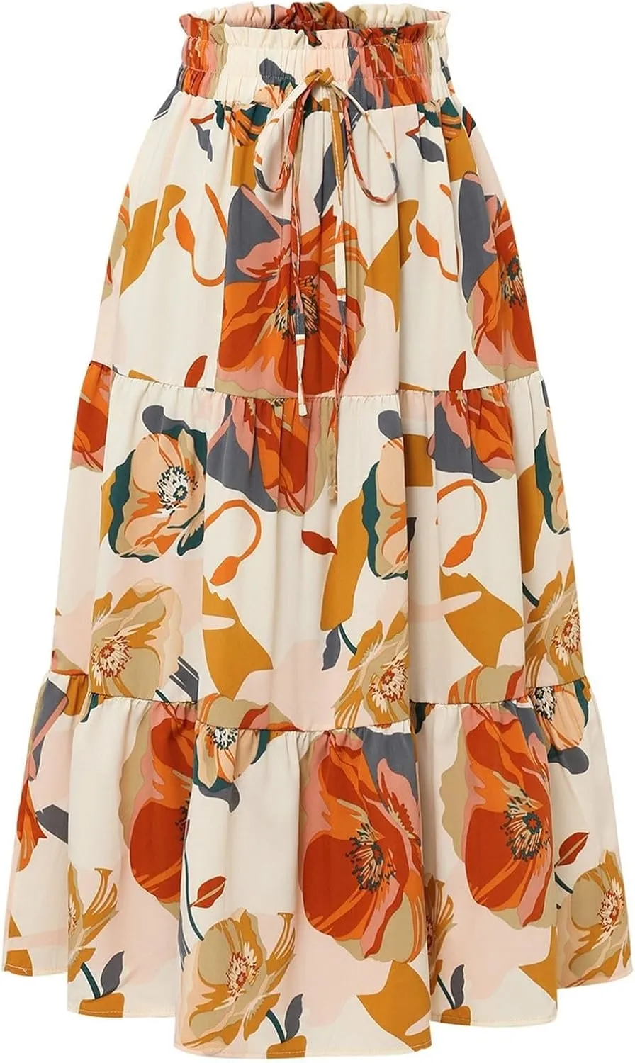 Floral Maxi Skirt for Women Summer Boho Tiered Elastic High Waisted Skirts Vacation A-Line Flowy Swing Long Skirts