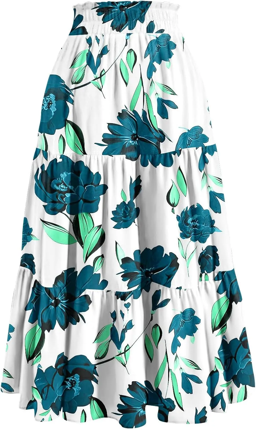 Floral Maxi Skirt for Women Summer Comfy Tiered Elastic High Waisted Skirts Vacation A-Line Flowy Swing Long Skirt