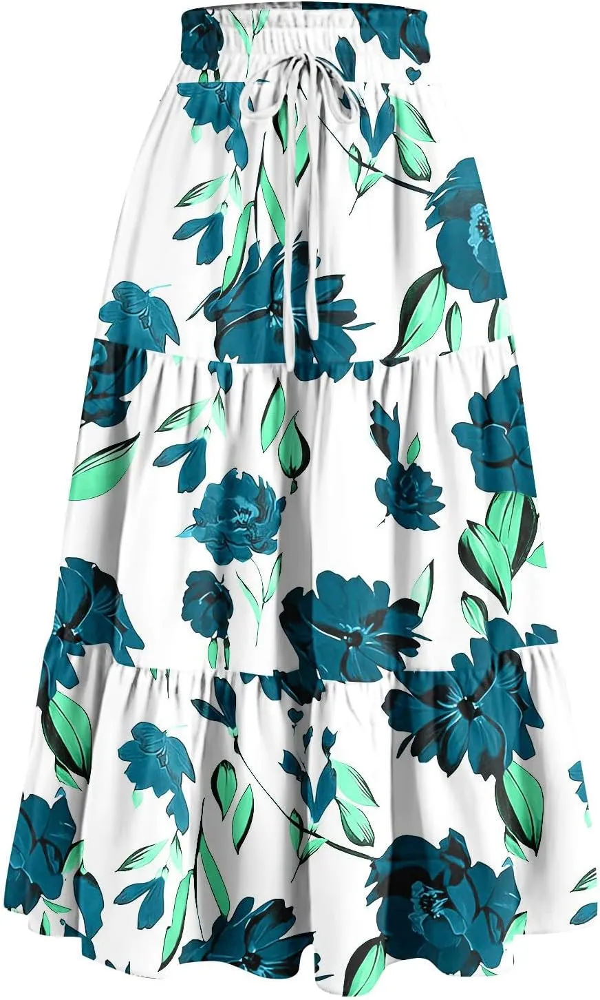 Floral Maxi Skirt for Women Summer Comfy Tiered Elastic High Waisted Skirts Vacation A-Line Flowy Swing Long Skirt
