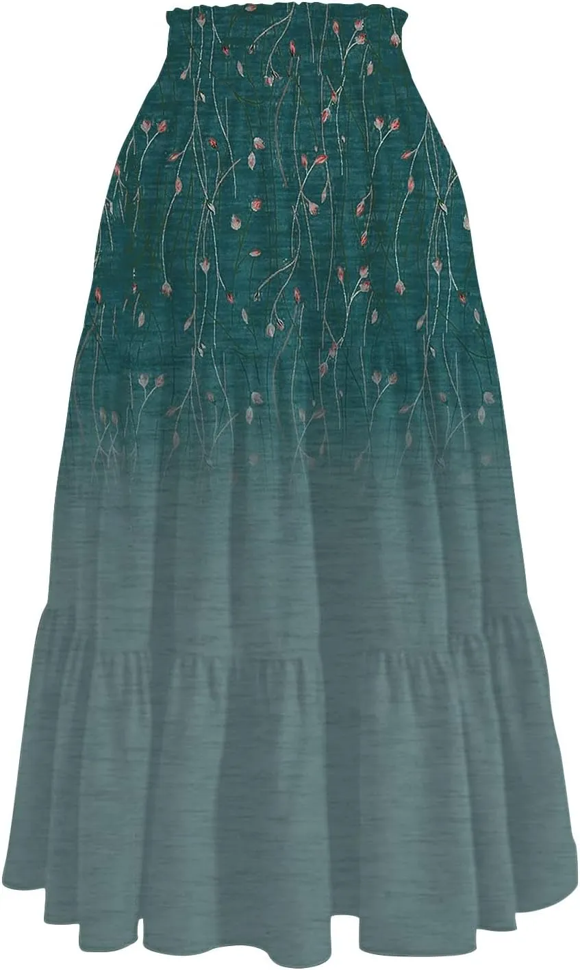 Floral Skirts for Women Summer Loose Casual Trendy Elastic Waist Flowy Beach Boho Maxi Skirt, S-2XL