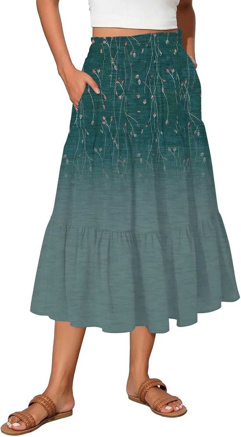 Floral Skirts for Women Summer Loose Casual Trendy Elastic Waist Flowy Beach Boho Maxi Skirt, S-2XL