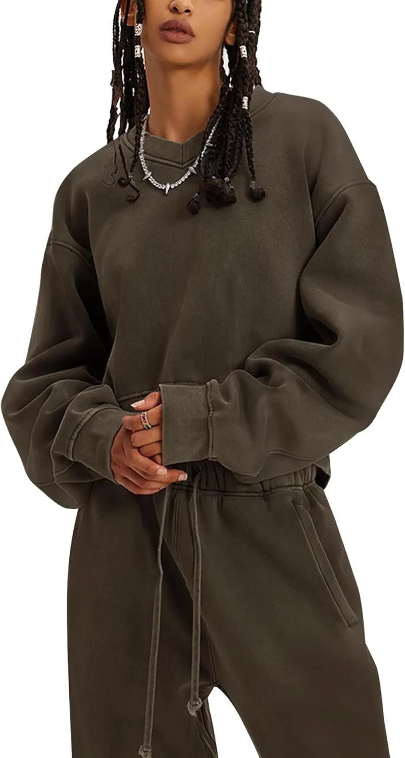 Flygo Women Sweat Set Sweatsuit Fleece 2 Piece Joggers Tracksuit Outfits Crop Sweatshirt Sweatpants Sets