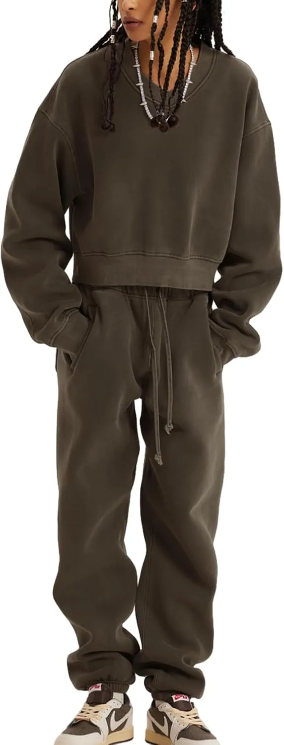 Flygo Women Sweat Set Sweatsuit Fleece 2 Piece Joggers Tracksuit Outfits Crop Sweatshirt Sweatpants Sets