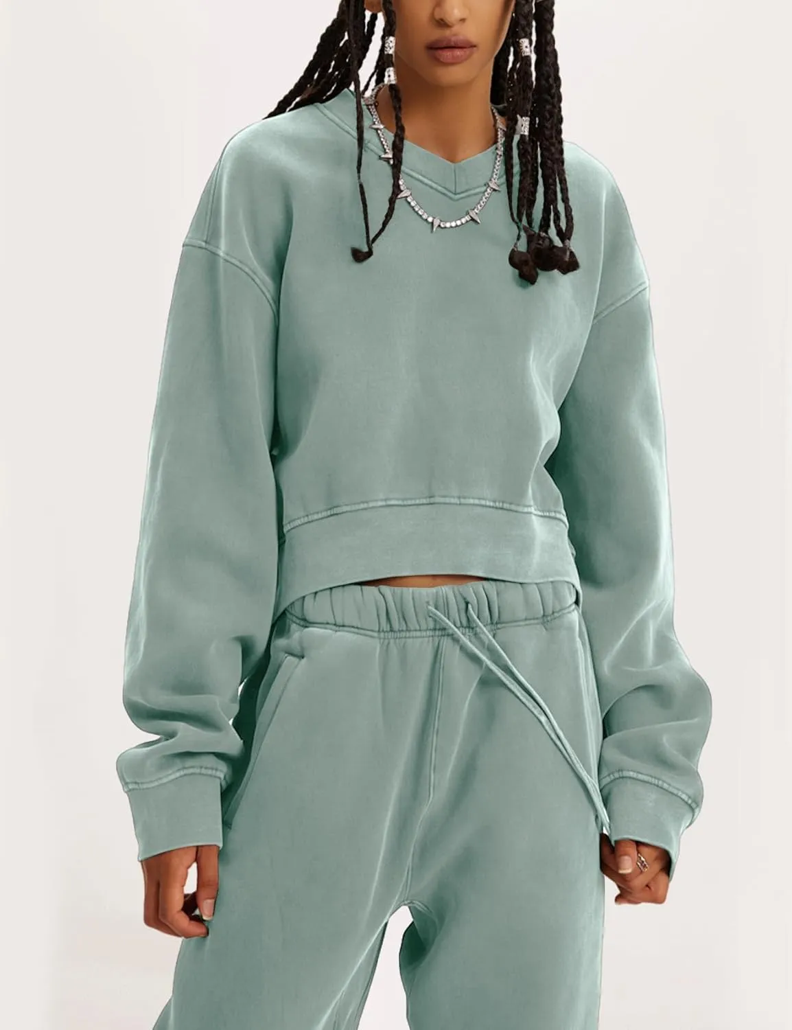 Flygo Women Sweat Set Sweatsuit Fleece 2 Piece Joggers Tracksuit Outfits Crop Sweatshirt Sweatpants Sets