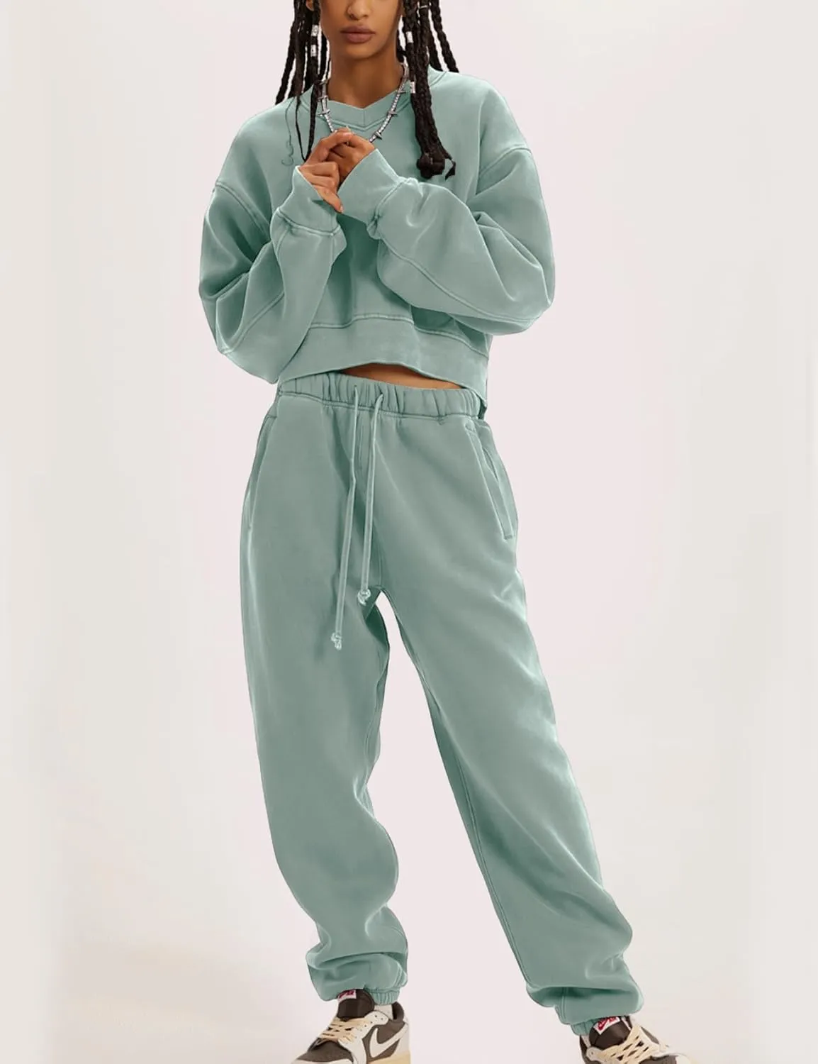 Flygo Women Sweat Set Sweatsuit Fleece 2 Piece Joggers Tracksuit Outfits Crop Sweatshirt Sweatpants Sets