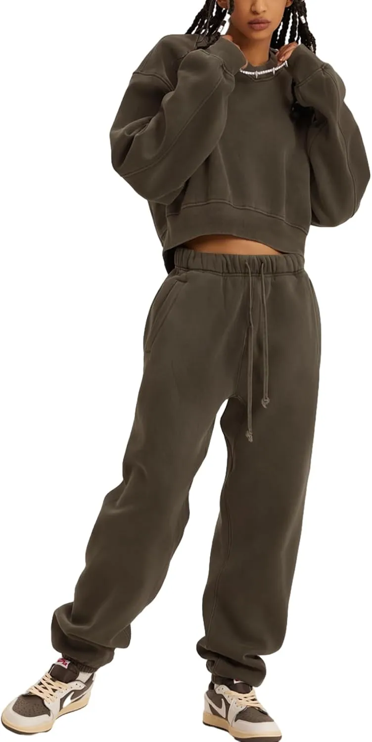 Flygo Women Sweat Set Sweatsuit Fleece 2 Piece Joggers Tracksuit Outfits Crop Sweatshirt Sweatpants Sets