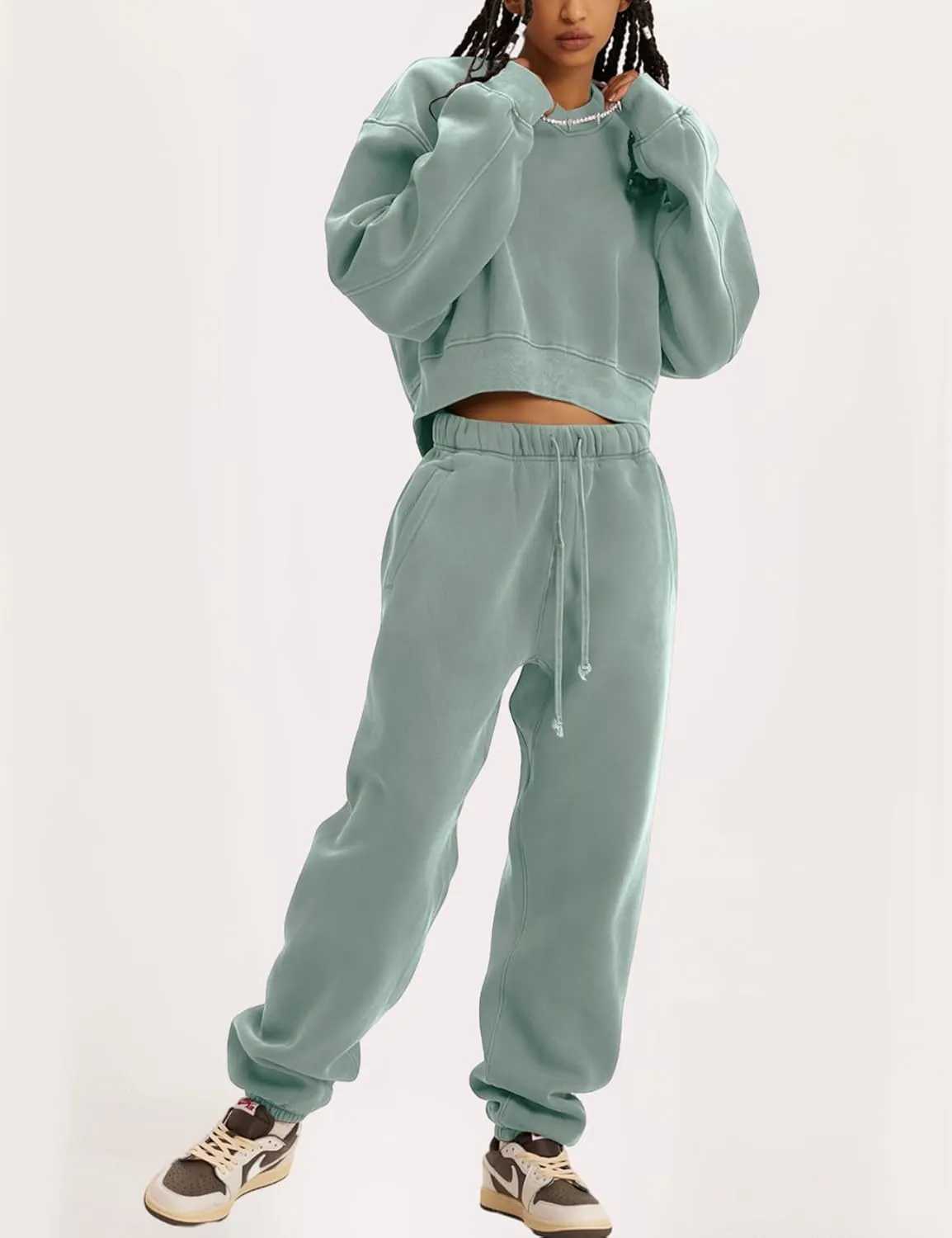 Flygo Women Sweat Set Sweatsuit Fleece 2 Piece Joggers Tracksuit Outfits Crop Sweatshirt Sweatpants Sets