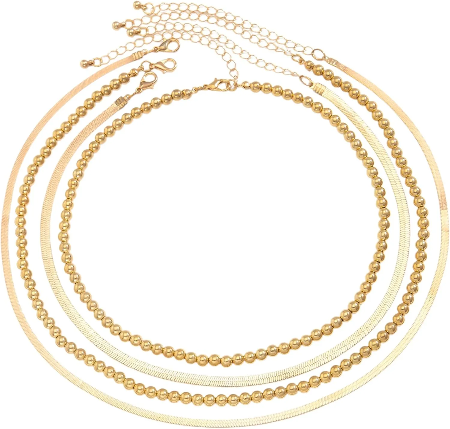 Four-Layer Copper Chain Necklace Set For Women, Dual-Tone Gold & Silver Finish, Paperclip And Bead Chain Mix, Adjustable Lengths And Lobster Lock