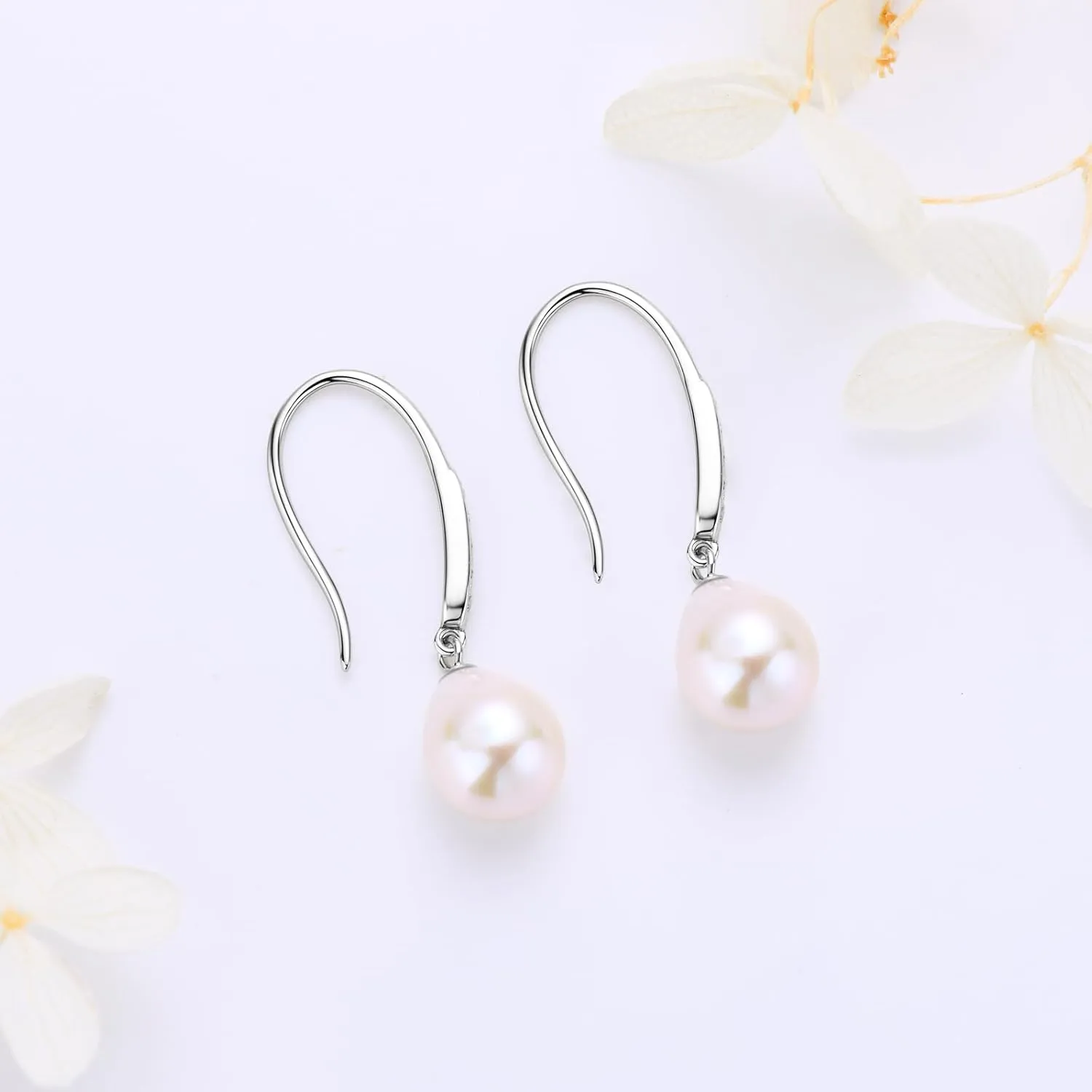 Freshwater Pearl Drop Earrings, 925 Sterling Silver Cultured Pearls Dangle Earrings with Cubic Zirconia, Wedding Anniversary Jewelry Gifts for Women Wife Bride