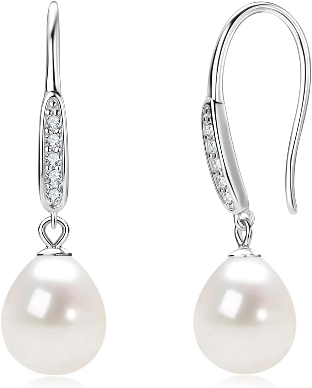 Freshwater Pearl Drop Earrings, 925 Sterling Silver Cultured Pearls Dangle Earrings with Cubic Zirconia, Wedding Anniversary Jewelry Gifts for Women Wife Bride