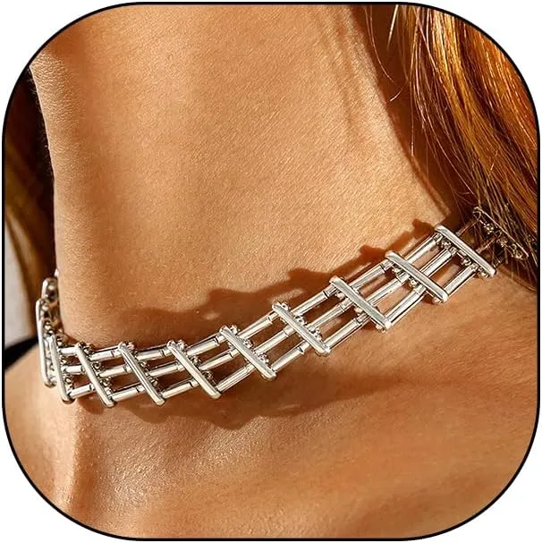 FUTIMELY 14K Gold Plated Chunky Mesh Chain Choker Necklace for Women,Simple Adjustable Silver Thick Hollow Net Link Necklace,Gothic Hip Hop Metal Neck Jewelry