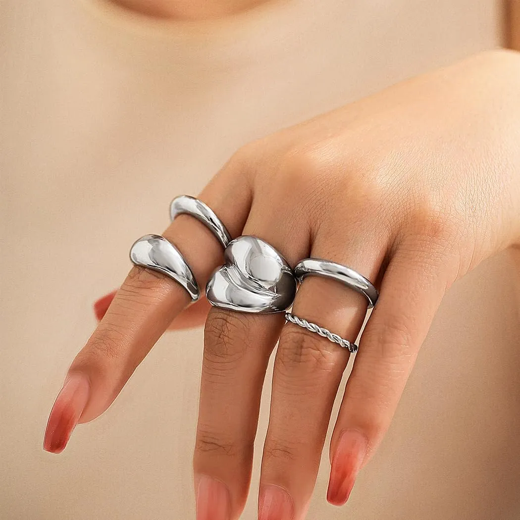 FUTIMELY 5 Pcs Chunky Stackable Knuckle Ring Set for Women Irregular Gold Geometric Wide Thick Metal Twist Open Rings Adjustable Finger Ring Jewelry Gifts