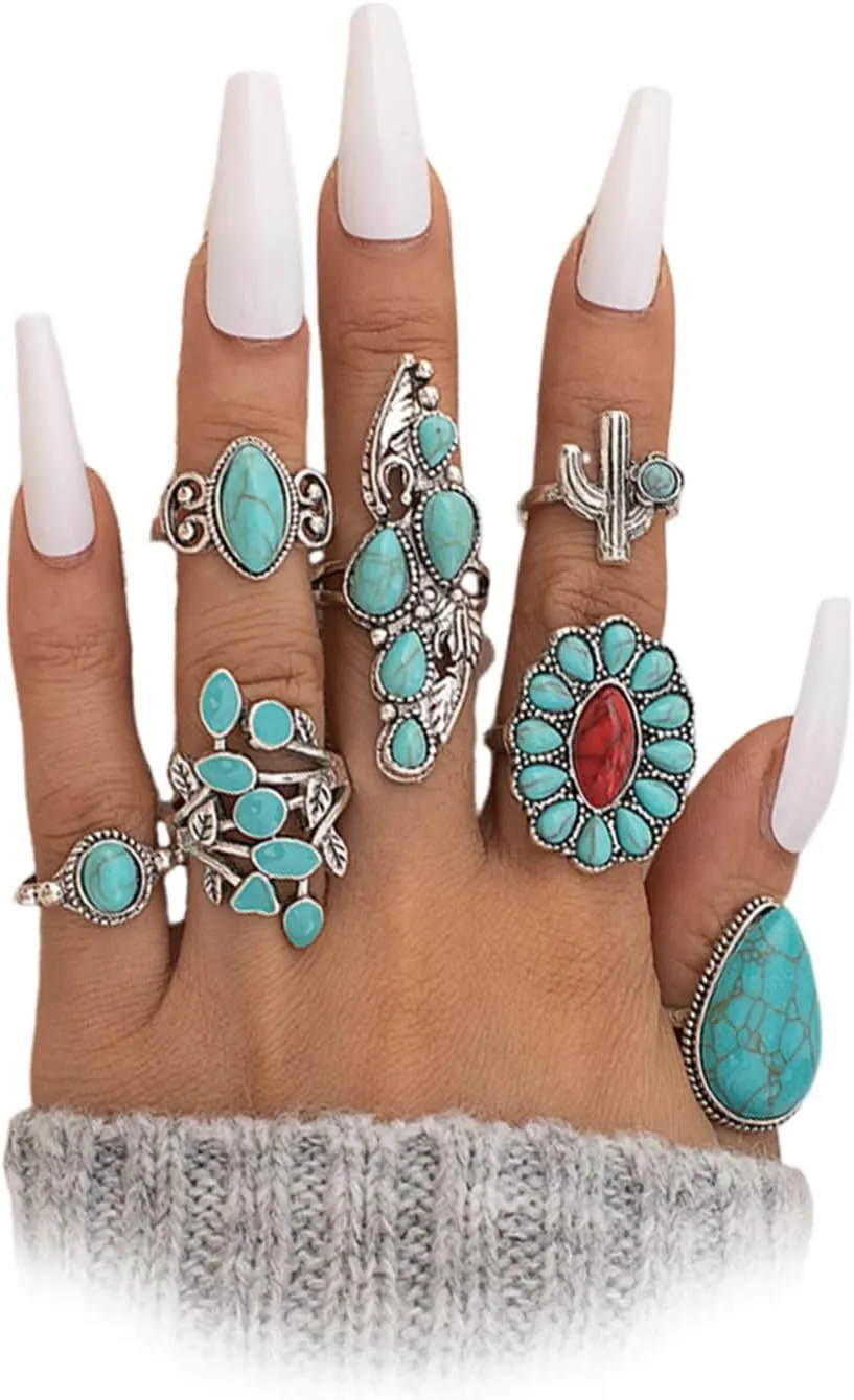 FUTIMELY 7Pcs Turquoise Joint Rings Set,Vintage Geometric Waterdrop Oval Round Knuckle Rings,Bohemia Silver Turquoise Stackable Finger Rings for Women