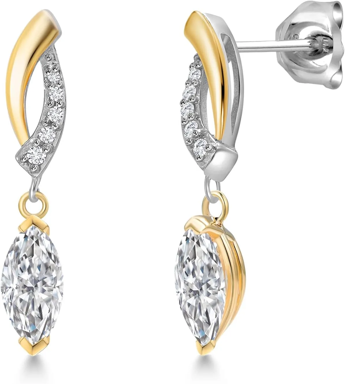 Gem Stone King 925 Silver and 10K Yellow Gold Lab Grown Diamond Drop Dangle Earrings for Women | 0.65 Cttw | DEF Color | VVS-VS Clarity | Gemstone April Birthstone | Marquise 7X3MM