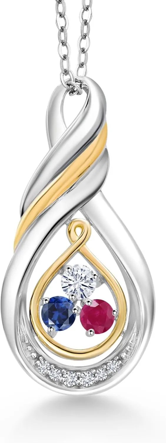 Gem Stone King 925 Sterling Silver and 10K Yellow Gold Customized and Personalized 3 Stone 3MM Round Gemstone Birthstone and Lab Grown Diamond Infinity Pendant Necklace For Women with 18 Inches Chain