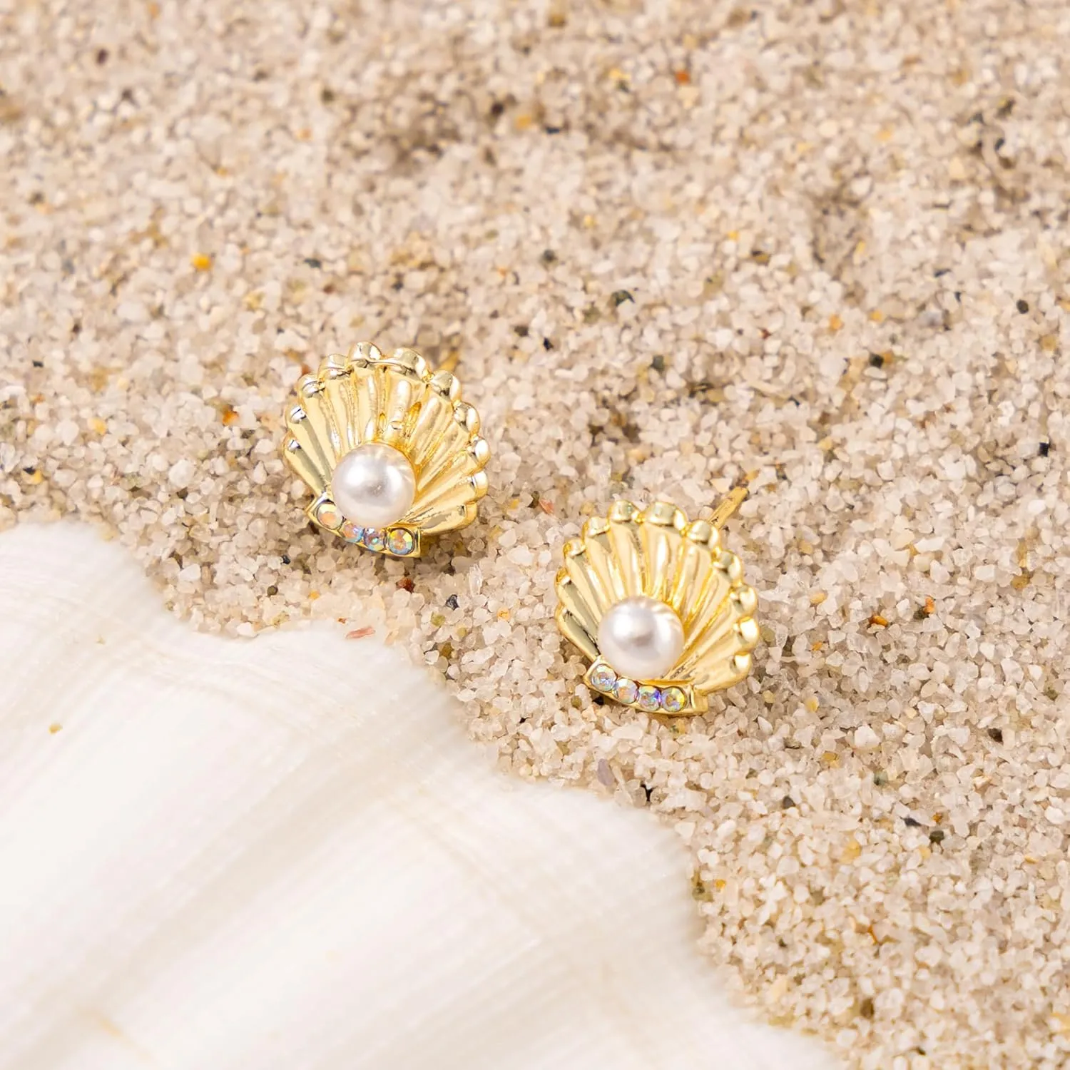 Gold Earrings for Women- 14K Gold/Silver Plated Starfish Pearl Gold Sea CZ Shell Pearl Earrings Summer Beach Vacation Outfits for Women Trendy Jewelry Gifts