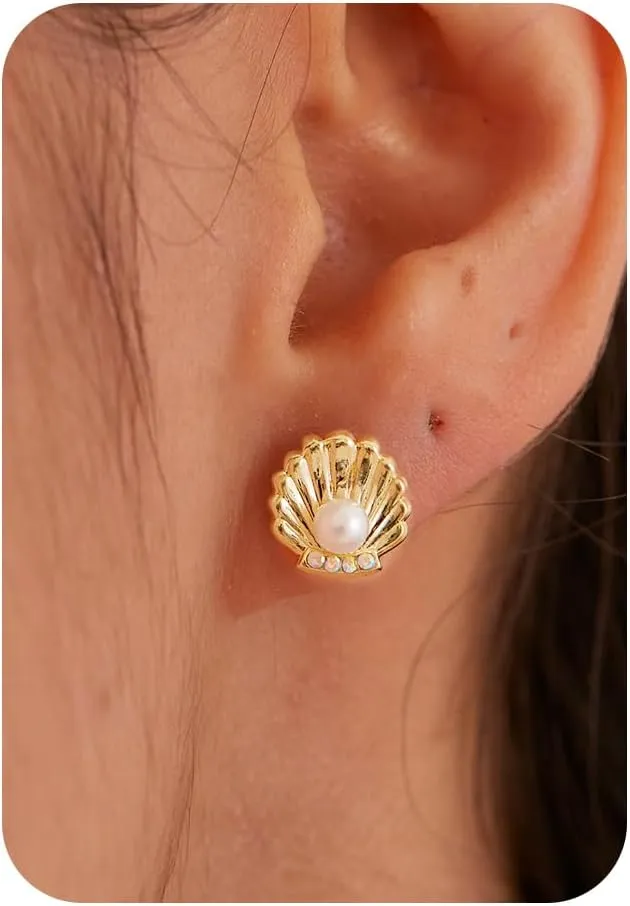 Gold Earrings for Women- 14K Gold/Silver Plated Starfish Pearl Gold Sea CZ Shell Pearl Earrings Summer Beach Vacation Outfits for Women Trendy Jewelry Gifts