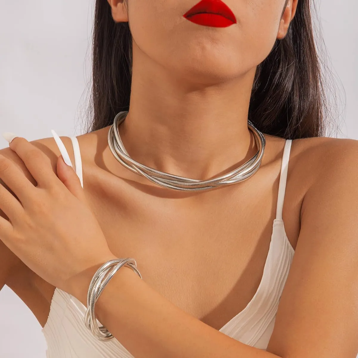 Gold Jewelry Set for Women Chunky Statement Choker Necklace and Bracelet Trendy Arm Cuff Band Silver Party Gift