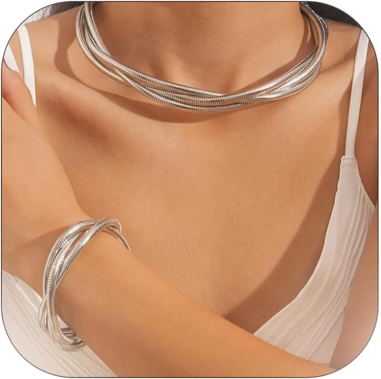 Gold Jewelry Set for Women Chunky Statement Choker Necklace and Bracelet Trendy Arm Cuff Band Silver Party Gift