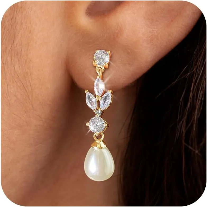 Gold Pearl Earrings for Women,Gold Hoop Earrings Dainty Pearl Drop Earrings 14k Gold Earrings with Pearl Huggie Earrings Simple Wedding Earrings for Brides Dangling Trendy Gold Jewelry Gifts