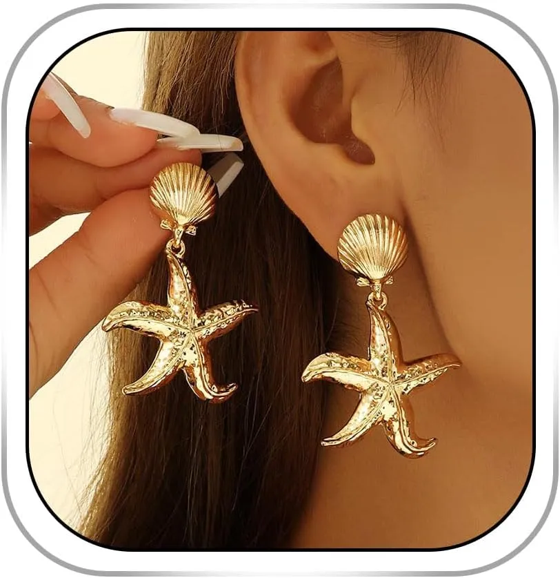 Gold Starfish Earring Seashell Drop Earring Sea Star Statement Earrings for Women