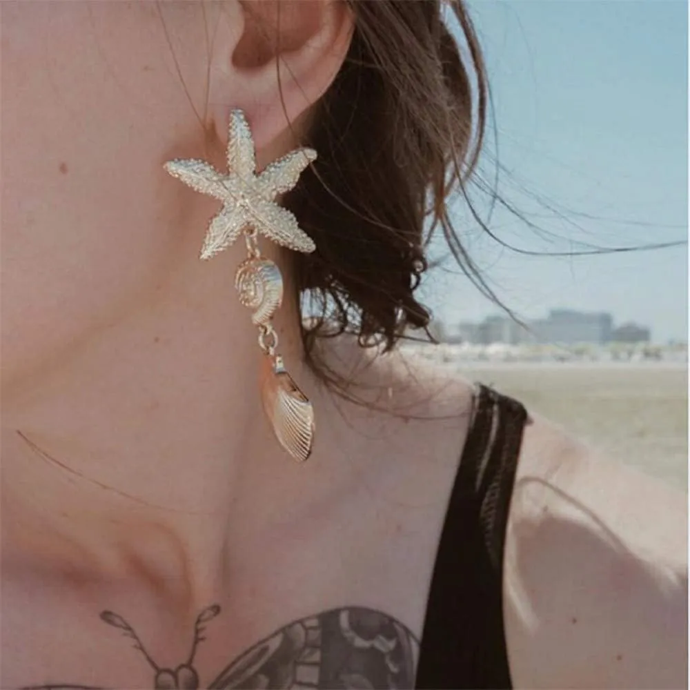 Gold Starfish Earrings for Women Sea Shell Earrings Dangle Golden Mermaid Earrings Gold Beachy Earrings Beach Necklace Summer Jewelry