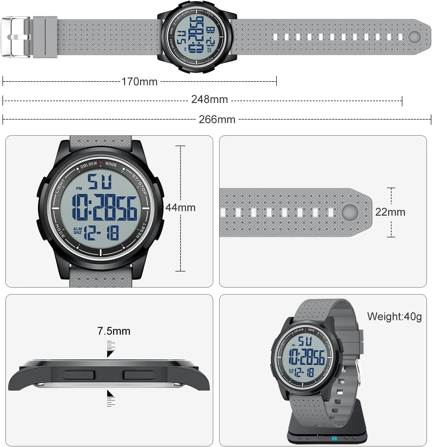 GOLDEN HOUR Ultra-Thin Minimalist Sports Waterproof Digital Watches Men with Wide-Angle Display Rubber Strap Wrist Watch for Men Women