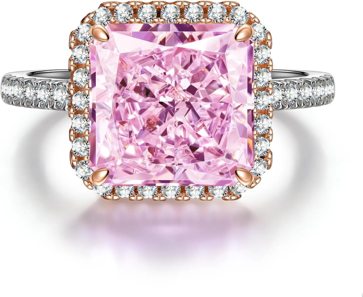GONA 5CT Pink Cubic Zirconia Ring Solitaire Halo Crushed Anniversary Engagement Wedding Promise Tarnish-Resistant Silver Rings Ice Gemstone Clear Radiant Cut 5A 10 * 10MM for Woman Various Festivals
